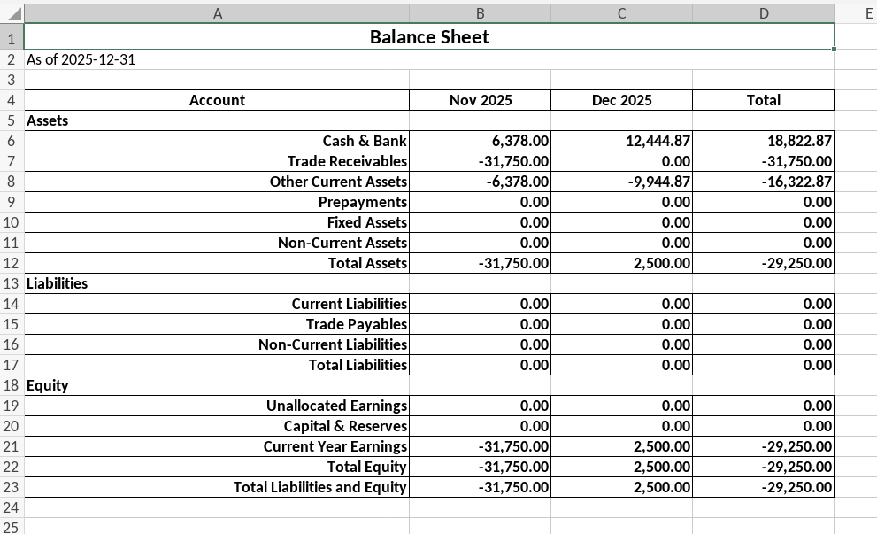 Balance Sheet Monthly XLSX Report 
